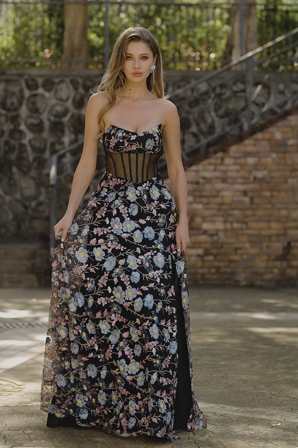 Floral Black A-Line Strapless Long Corset Prom Dress