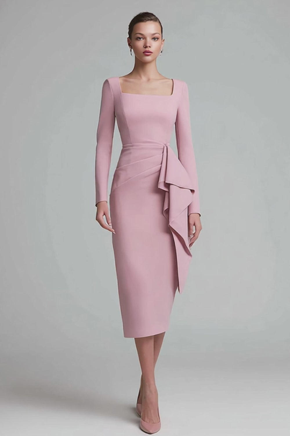 Pink Ruched Pencil Square Neck Midi Work Dress with Ruffles
