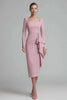 Pink Ruched Pencil Square Neck Midi Work Dress with Ruffles