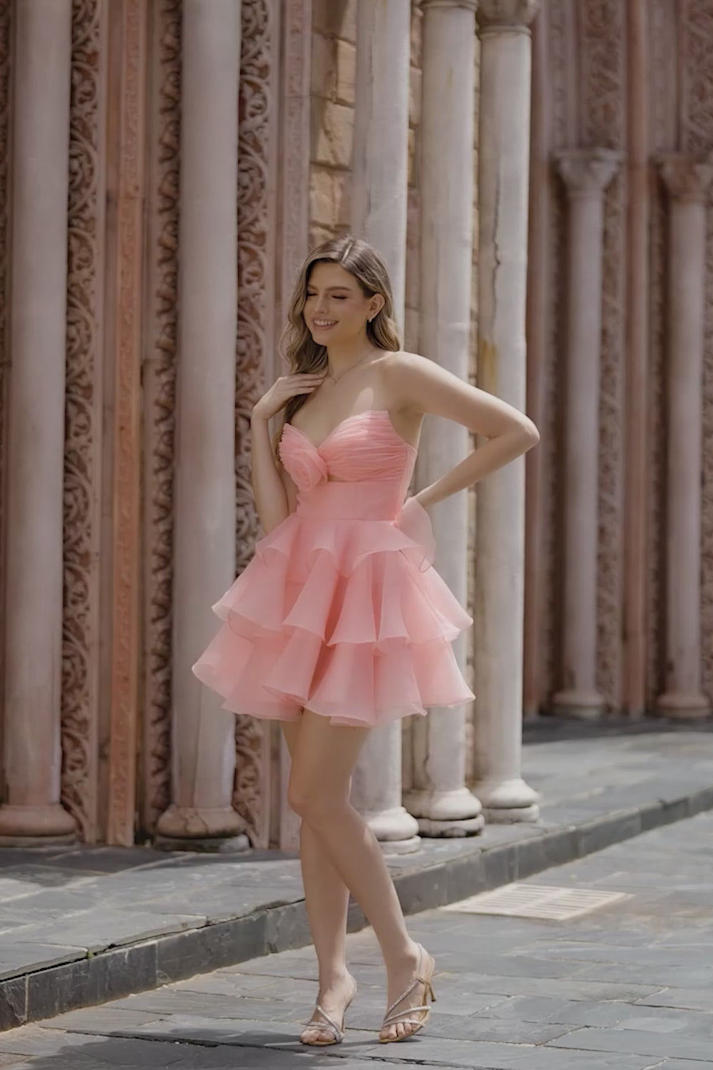 Blush Strapless Floral Ruched Short Homecoming Dress with Ruffles