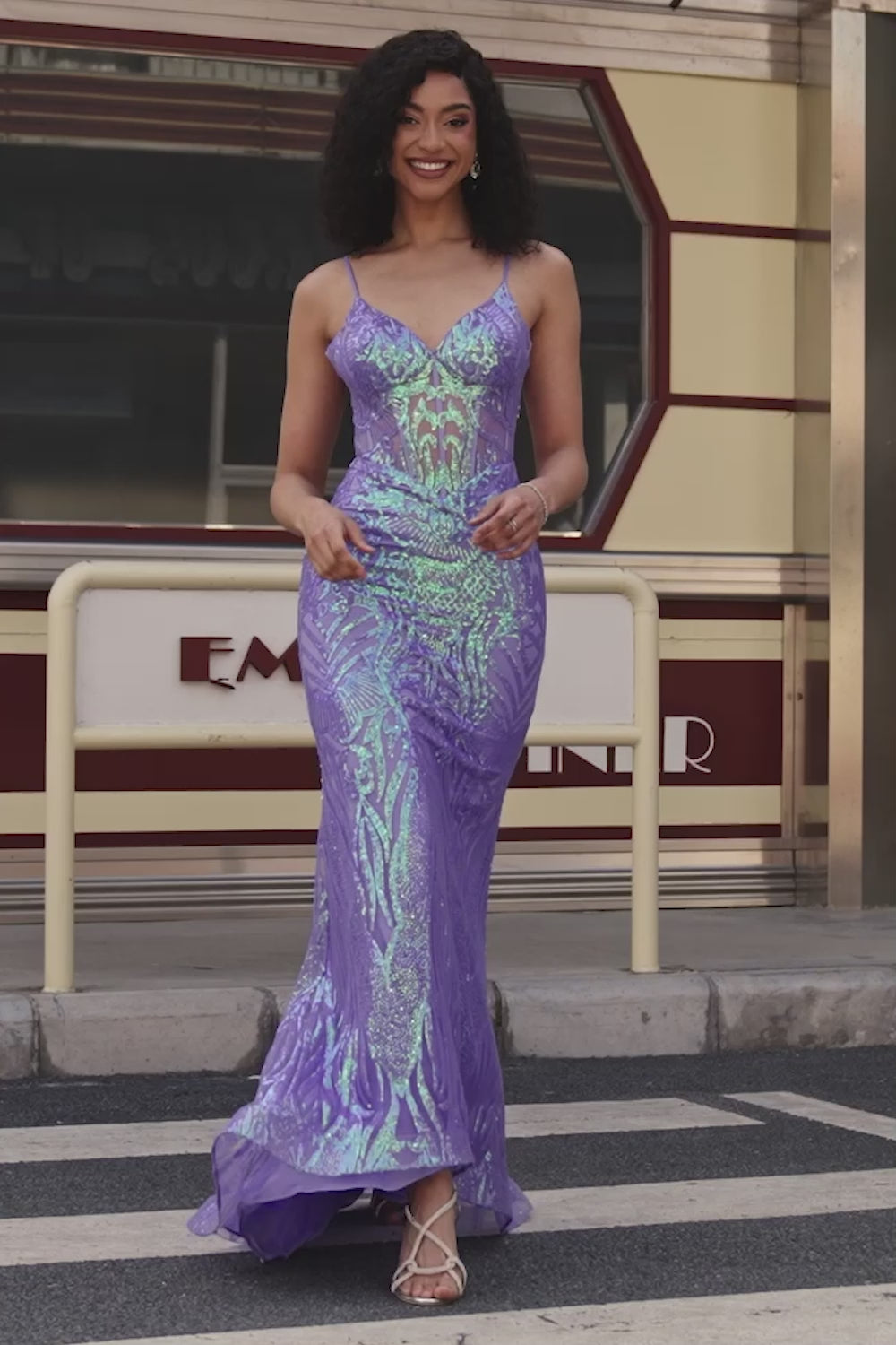 Stylish Mermaid Spaghetti Straps Purple Sequins Corset Prom Dress
