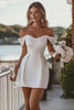 White Off the Shoulder A Line Satin Short Graduation Dress