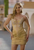 Sparkly Golden Strapless Short Tight Homecoming Dress with Beading
