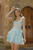 Blue Floral Corset A Line Tiered Short Homecoming Dress with Ruffles