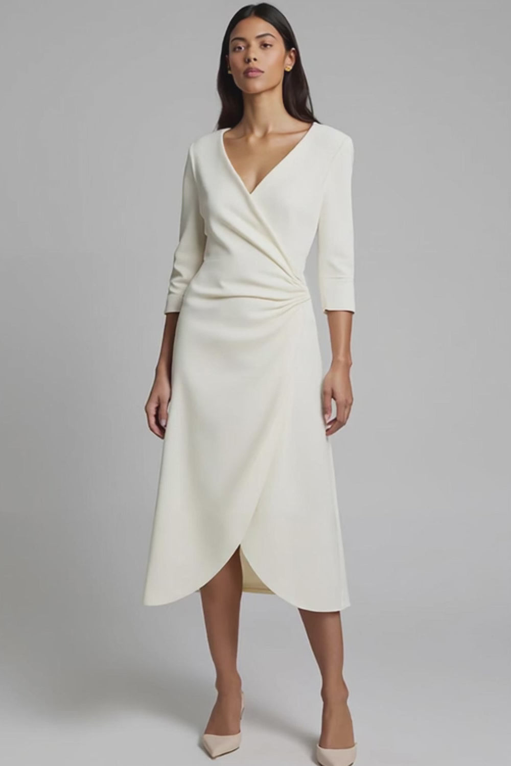 Ivory Ruched Satin V-Neck Midi Work Dress with Sleeves