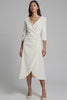 Ivory Ruched Satin V-Neck Midi Work Dress with Sleeves