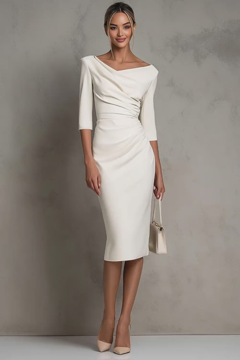 Simple Ivory Pencil Ruched Midi Work Dress with Slit