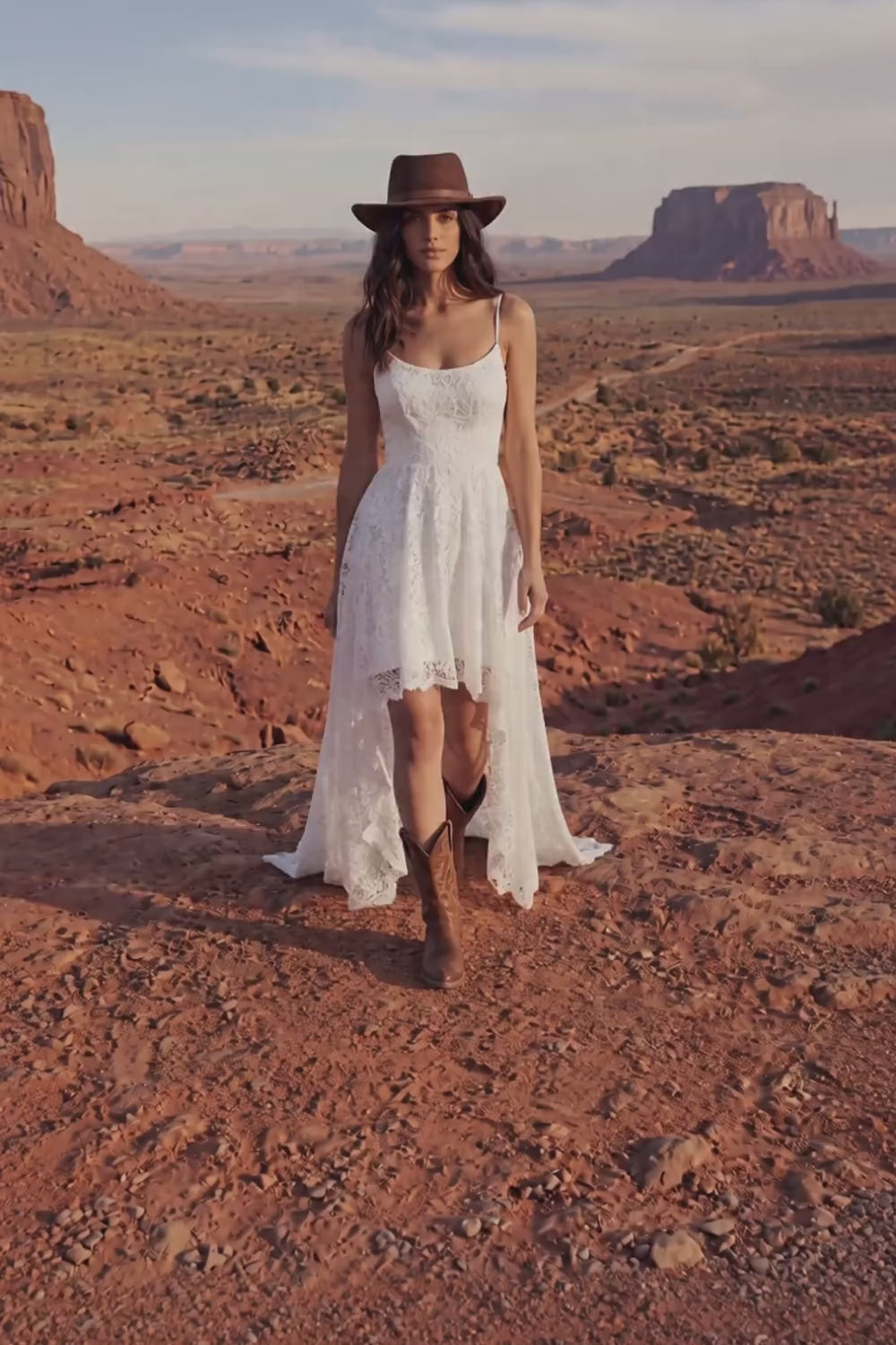 Ivory High Low A Line Floral Lace Spaghetti Straps Boho Wedding Dress