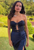 Sparkly Navy Bodycon Strapless Hollow Out Homecoming Dress with Lace