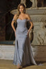 Dusty Blue Off the Shoulder Ruched Long Corset Prom Dress with Slit