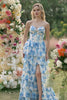 Sparkly Floral White Blue Tiered Long Corset Prom Dress with Slit