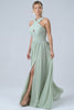 Dusty Sage Boho Chiffon Long Bridesmaid Dress with Button Back