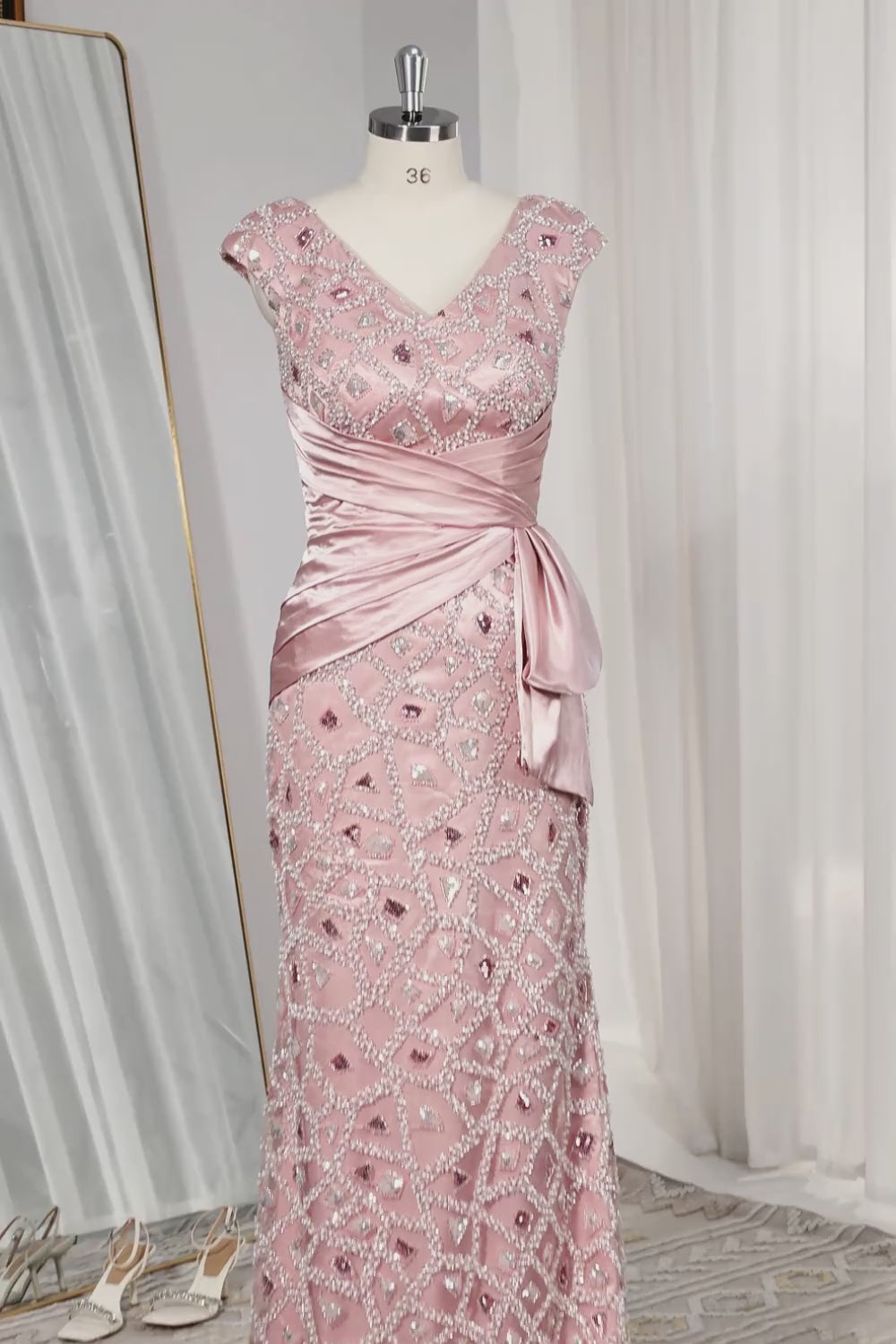 V-Neck Mermaid Ruched Long Sparkly Blush Beaded Mother of the Bride Dress