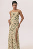Champagne Mermaid Floral Ruched Long Wedding Guest Dress with Slit