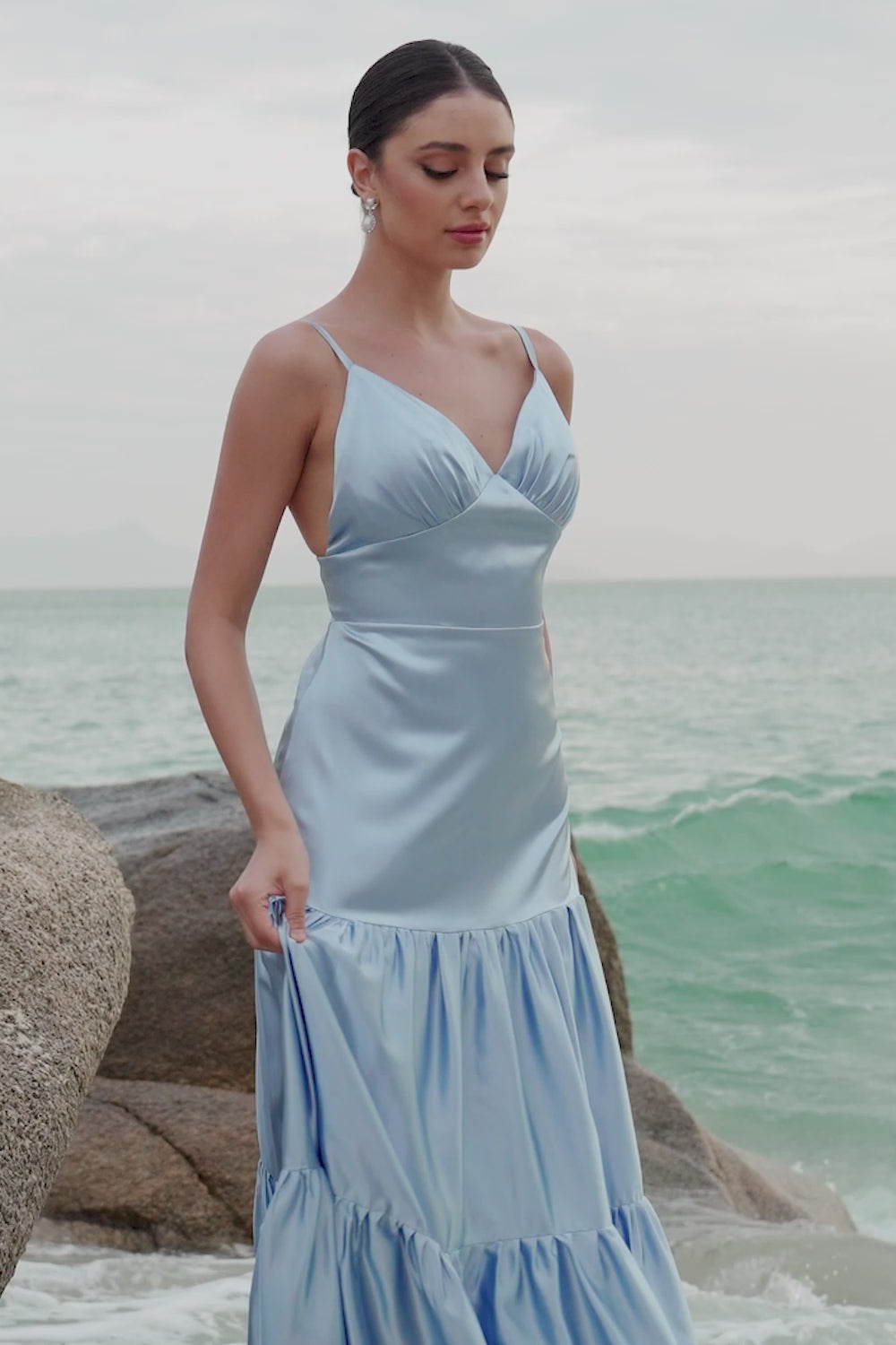 Sky Blue A-Line Spaghetti Straps Backless Satin Long Bridesmaid Dress