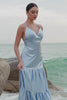 Sky Blue A-Line Spaghetti Straps Backless Satin Long Bridesmaid Dress