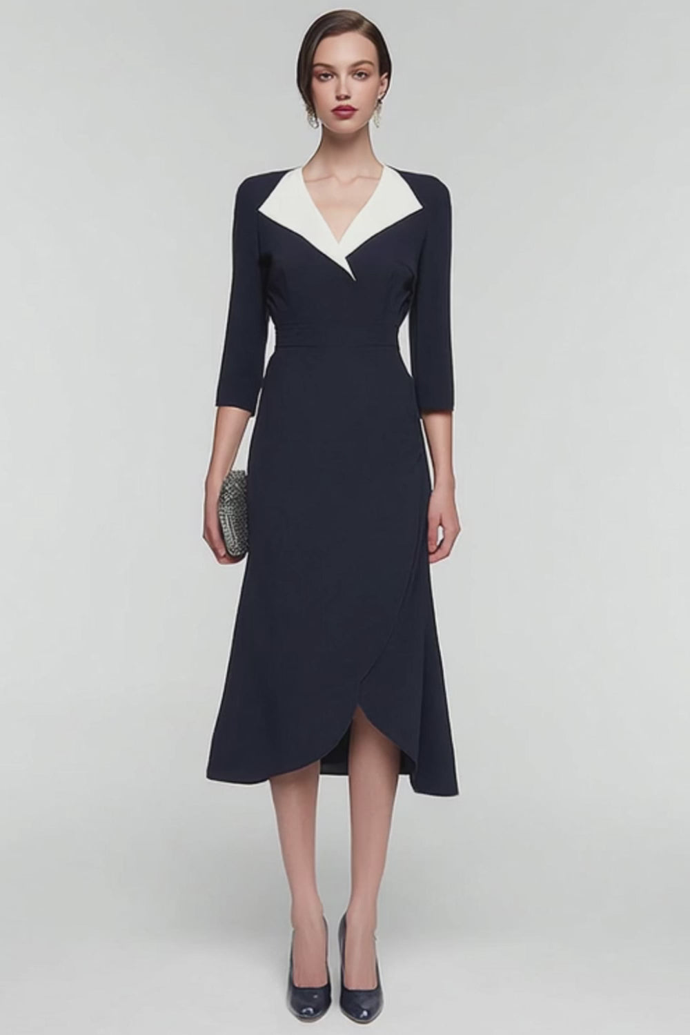Black and White Patchwork Lapel Neck 3/4 Sleeves Midi Work Dress