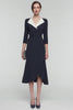 Black and White Patchwork Lapel Neck 3/4 Sleeves Midi Work Dress