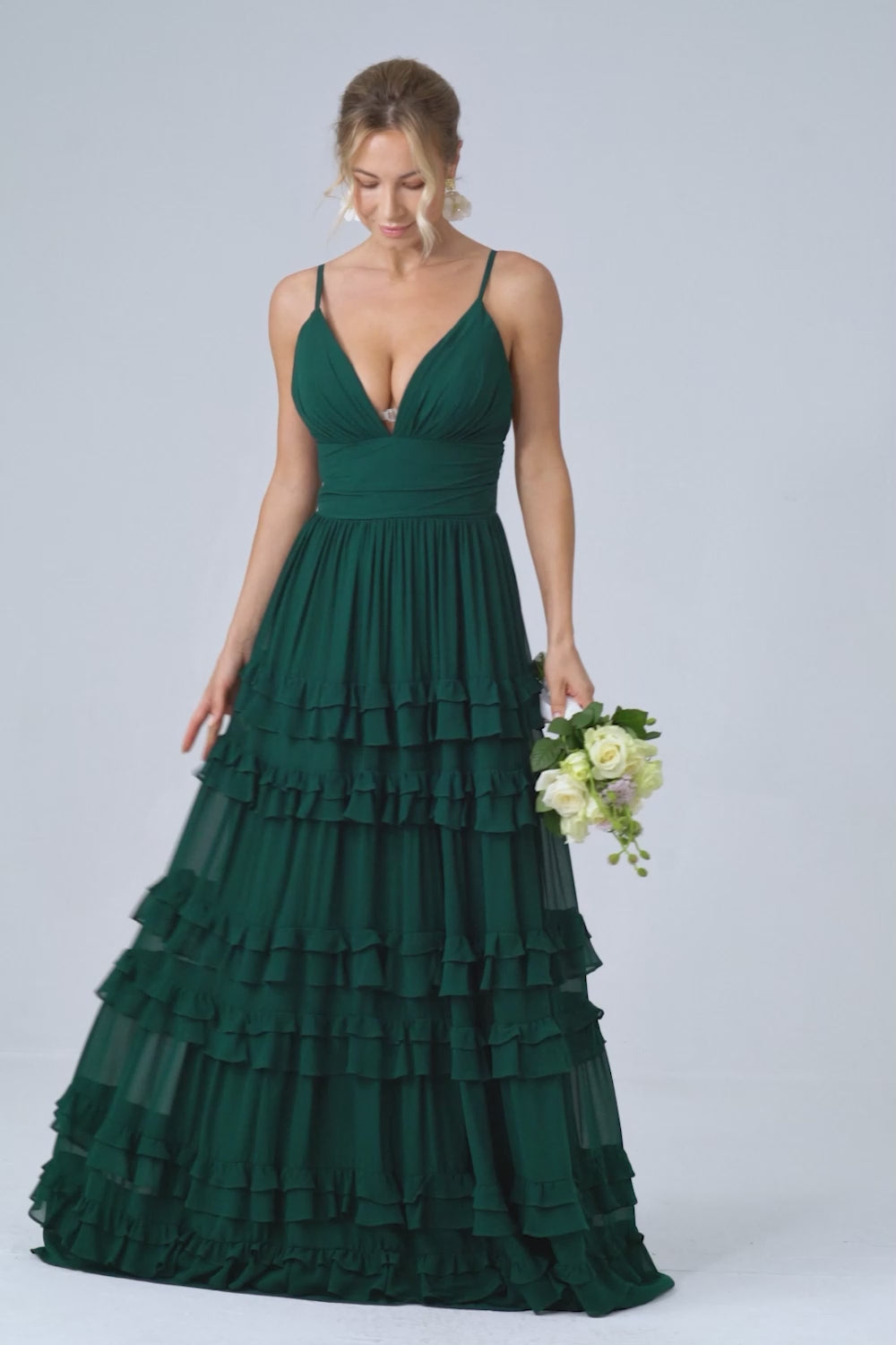 Dark Green A Line Spaghetti Straps Tiered Prom Dress with Pleated