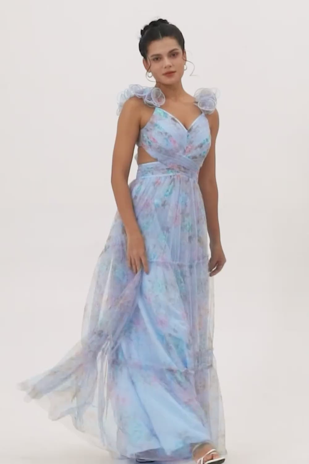 Blue Floral A Line V-Neck Long Bridesmaid Dress with Bow