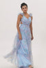 Blue Floral A Line V-Neck Long Bridesmaid Dress with Bow