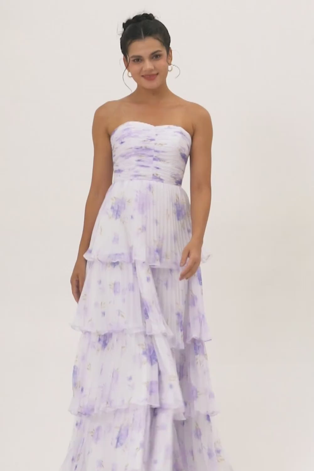 Lavender Floral A Line Long Pleated Bridesmaid Dress with Ruffles