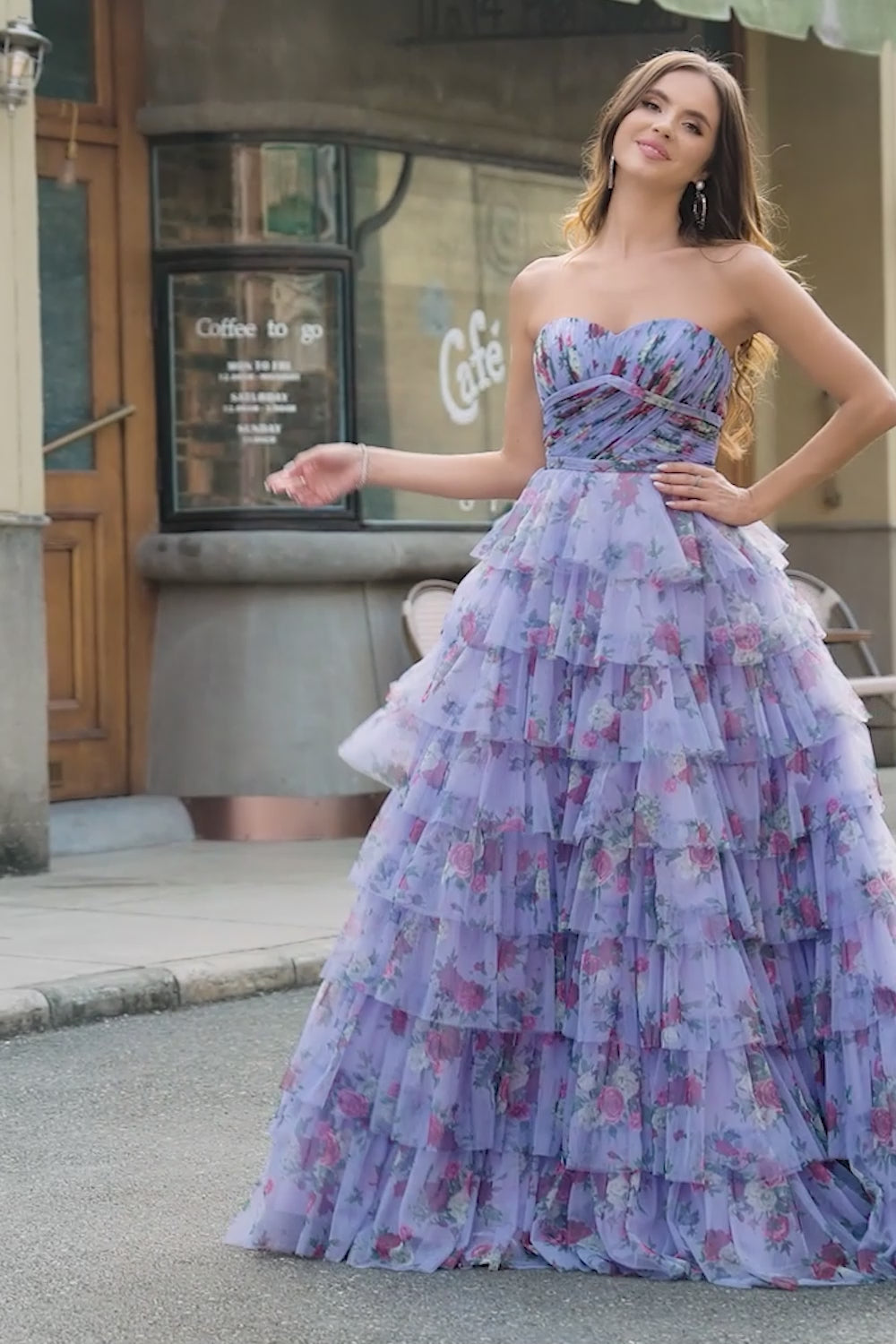 Off the Shoulder Floral Printed Tiered Prom Dress with Pleated