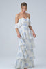 White Blue Floral Boho Chiffon Ruffled Long Bridesmaid Dress