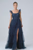 Detachable Straps A Line Navy Tiered Long Bridesmaid Dress