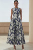 Navy Round Neck A Line Maxi Floral Wedding Guest Dress