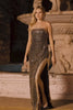 Sparkly Black and Golden Strapless Beaded Long Prom Dress with Slit