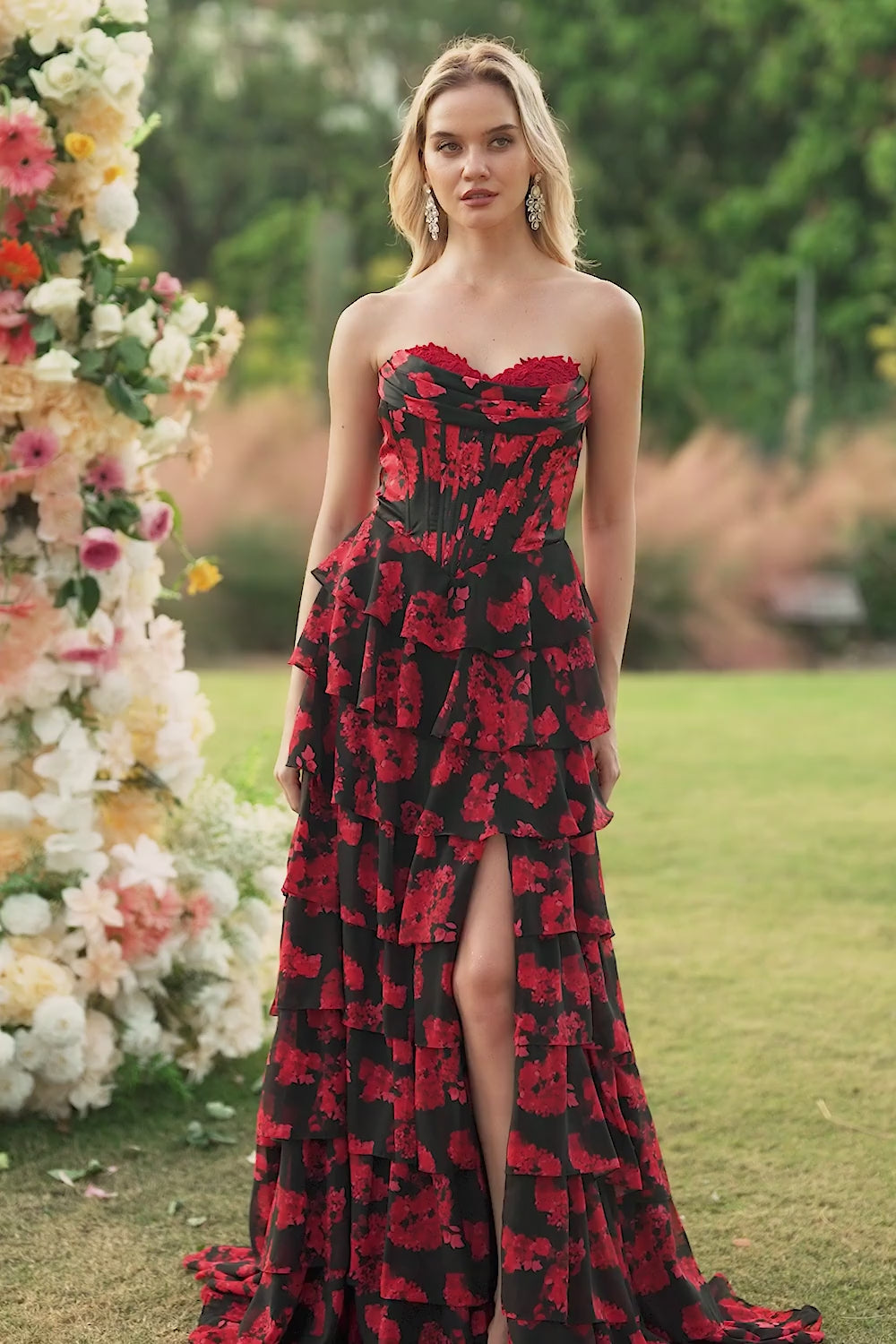 Floral Black and Red Strapless Ruffled Long Corset Prom Dress with Slit