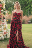 Floral Black and Red Strapless Ruffled Long Corset Prom Dress with Slit
