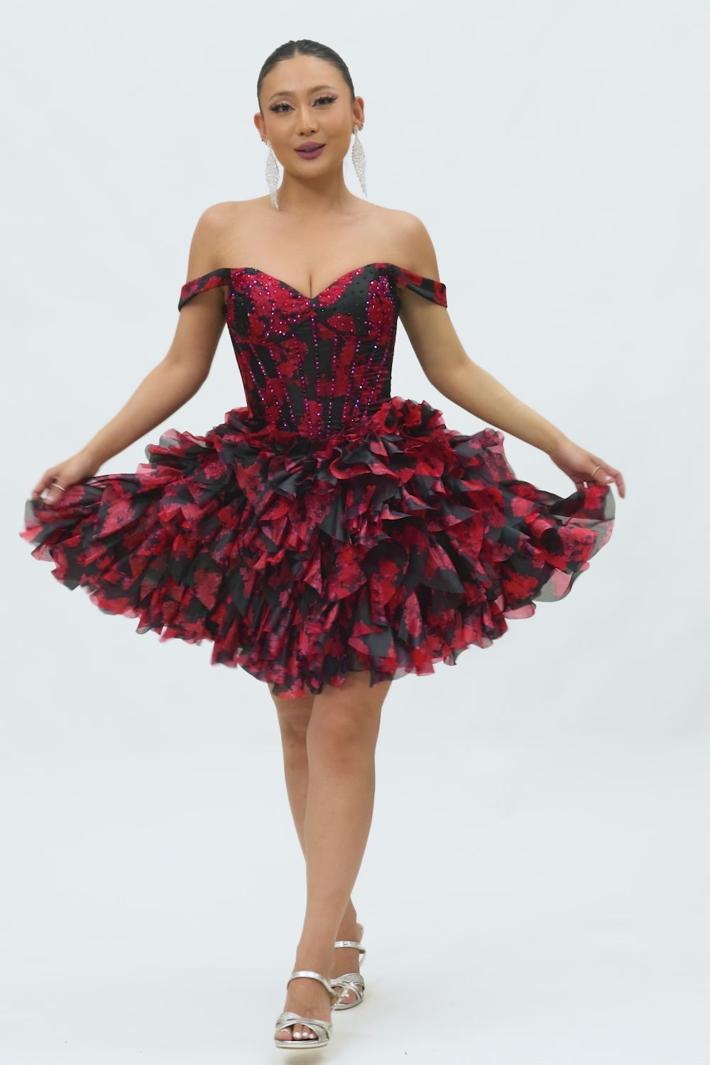 Sparkly Black and Red Floral Short Corset Homecoming Dress with Beading