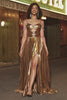 Stunning A Line Off the Shoulder Gold Long Prom Dress with Keyhole
