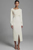 Ivory Ruched Pencil Long Sleeves Work Dress with Slit