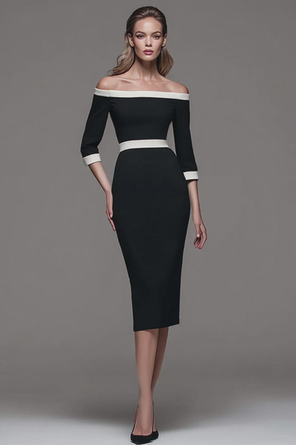 Black and White Patchwork Off the Shoulder Pencil Midi Work Dress