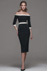 Black and White Patchwork Off the Shoulder Pencil Midi Work Dress