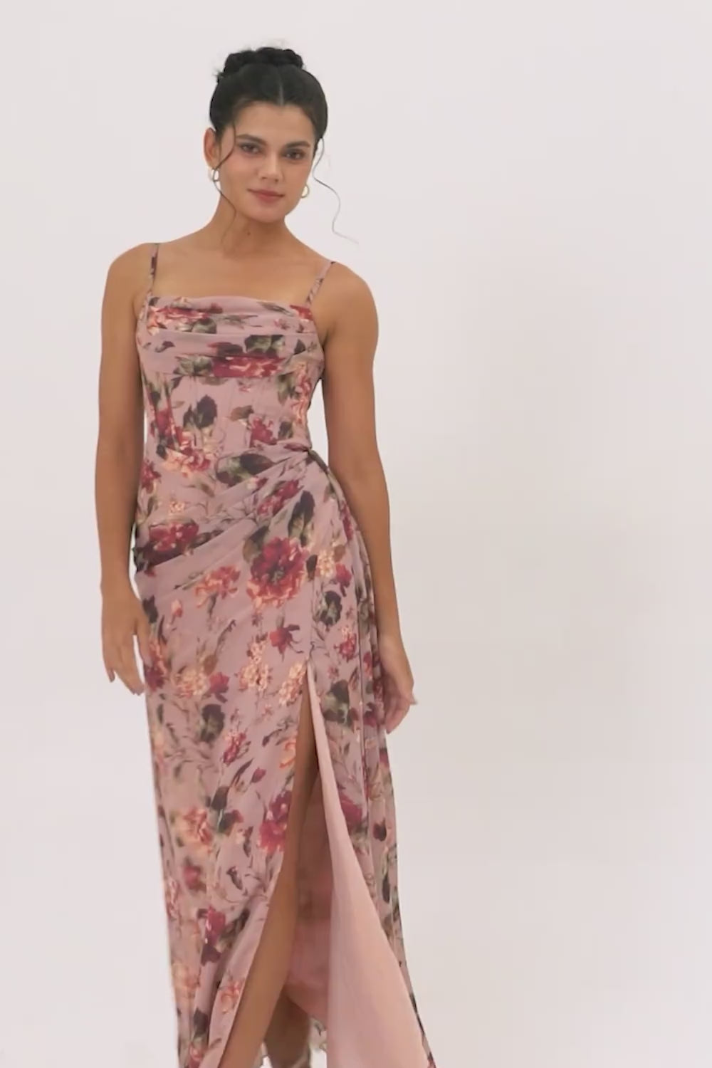 Dusty Rose Corset Chiffon Floral Ruched Bridesmaid Dress with Slit