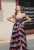 Princess A Line Off the Shoulder Black Pink Long Prom Dress with Tiered Lace