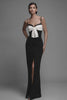 Black and White Sheath Bow Spaghetti Straps Long Formal Dress with Slit