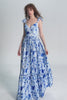 Blue Floral A-Line Bridesmaid Dress with Ruffles