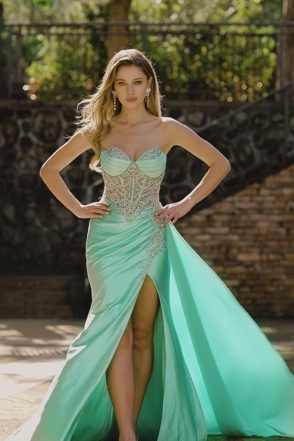 Zapakasa Women Sparkly Mint Green Ruched Long Corset Prom Dress with Slit  Beaded Sweetheart Lace Up Back Satin Pageant Dress with Side Cape