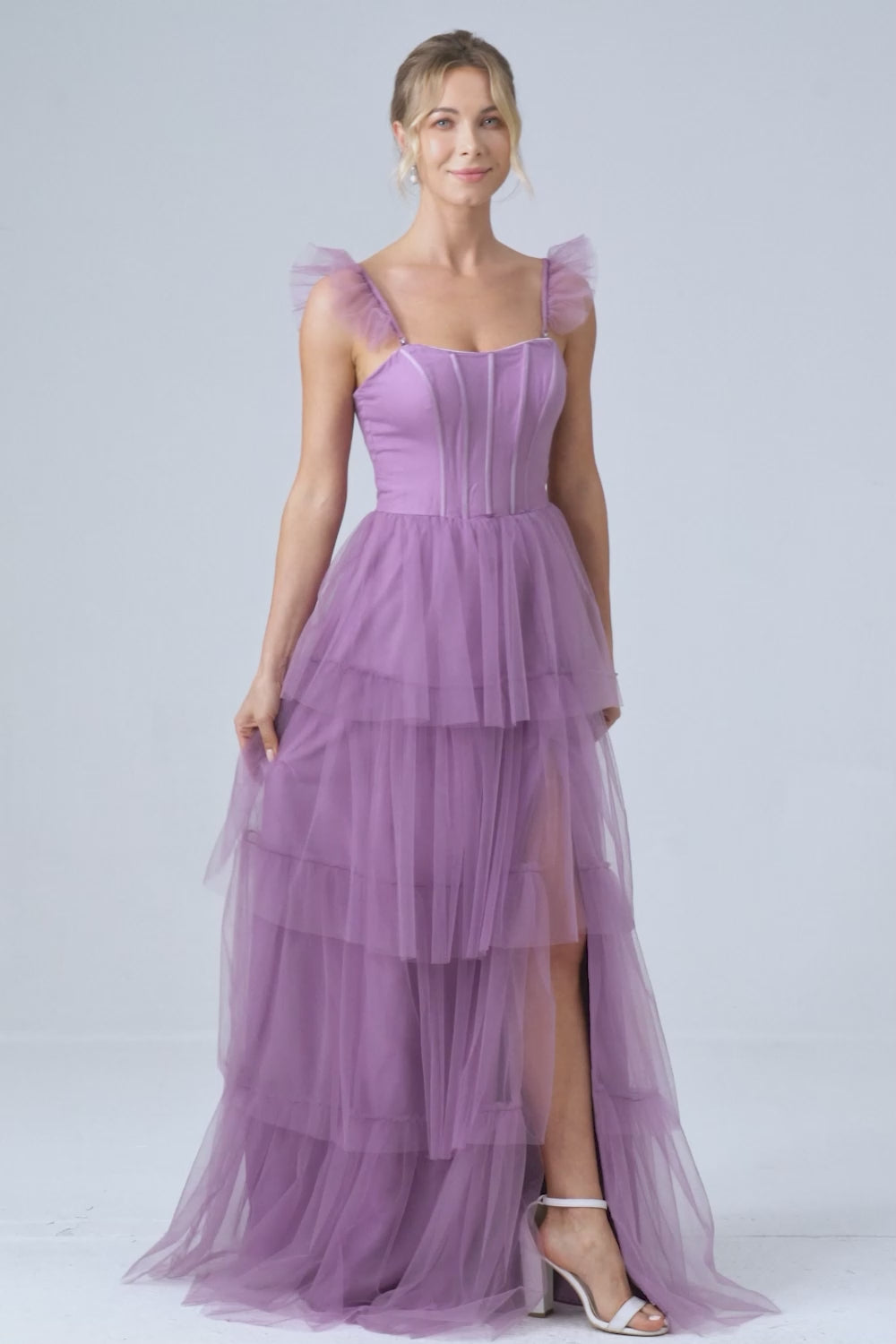 Purple A Line Tulle Tiered Pleated Long Prom Dress with Slit