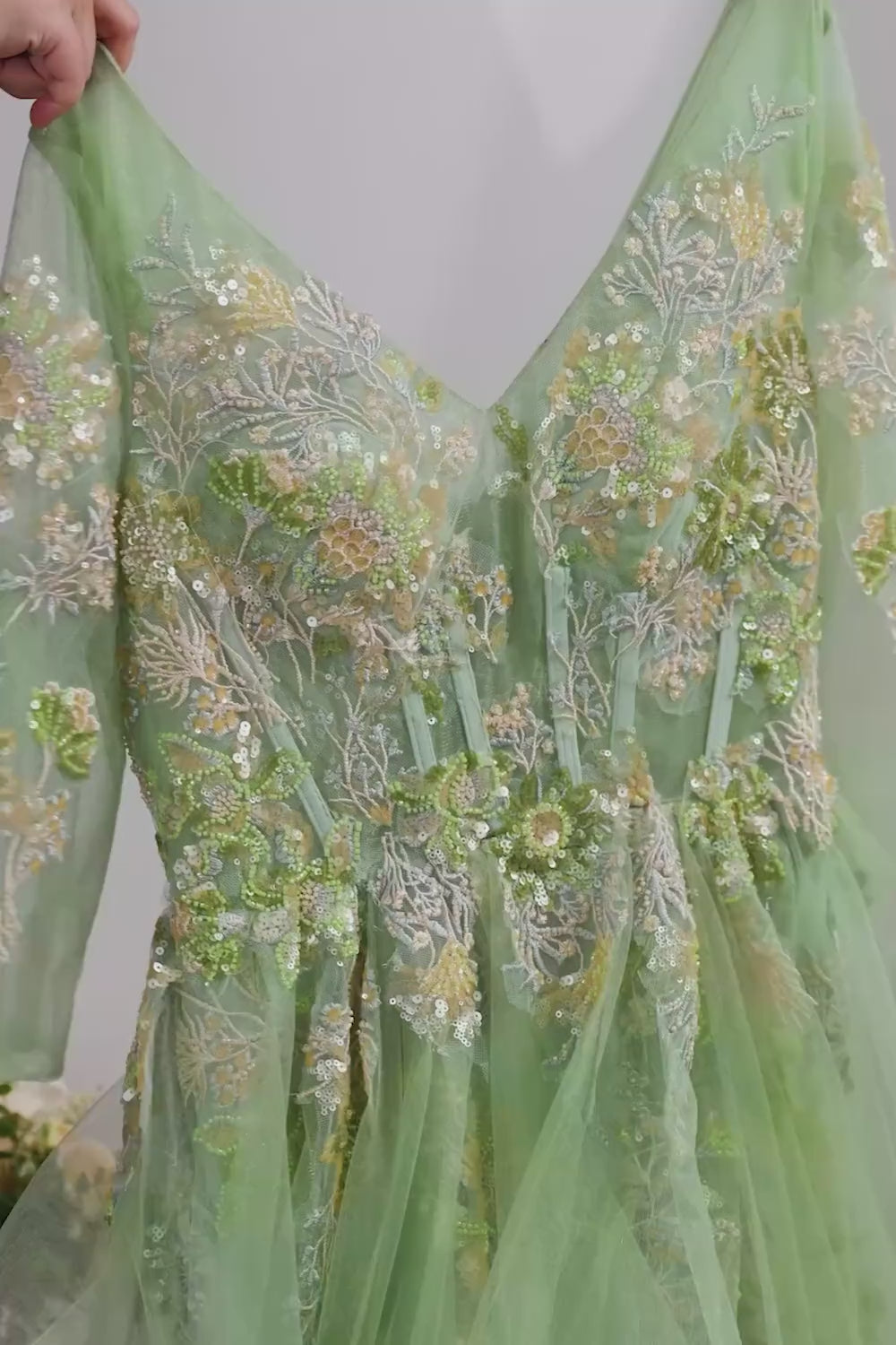 3/4 Sleeves Green Long Corset A Line Floral Prom Dress with Ruffles