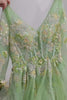3/4 Sleeves Green Long Corset A Line Floral Prom Dress with Ruffles