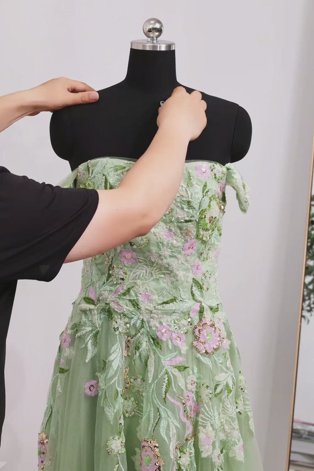 A Line Floral Dusty Sage Neck Scarf Long Prom Dress with Slit