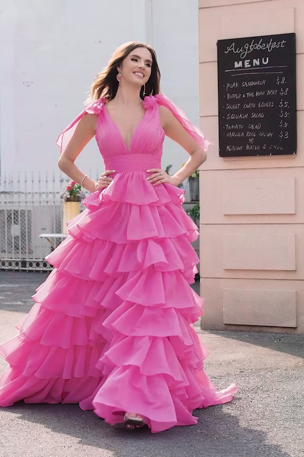 Princess A-Line V-Neck Fuchsia Tiered Prom Dress With Slit