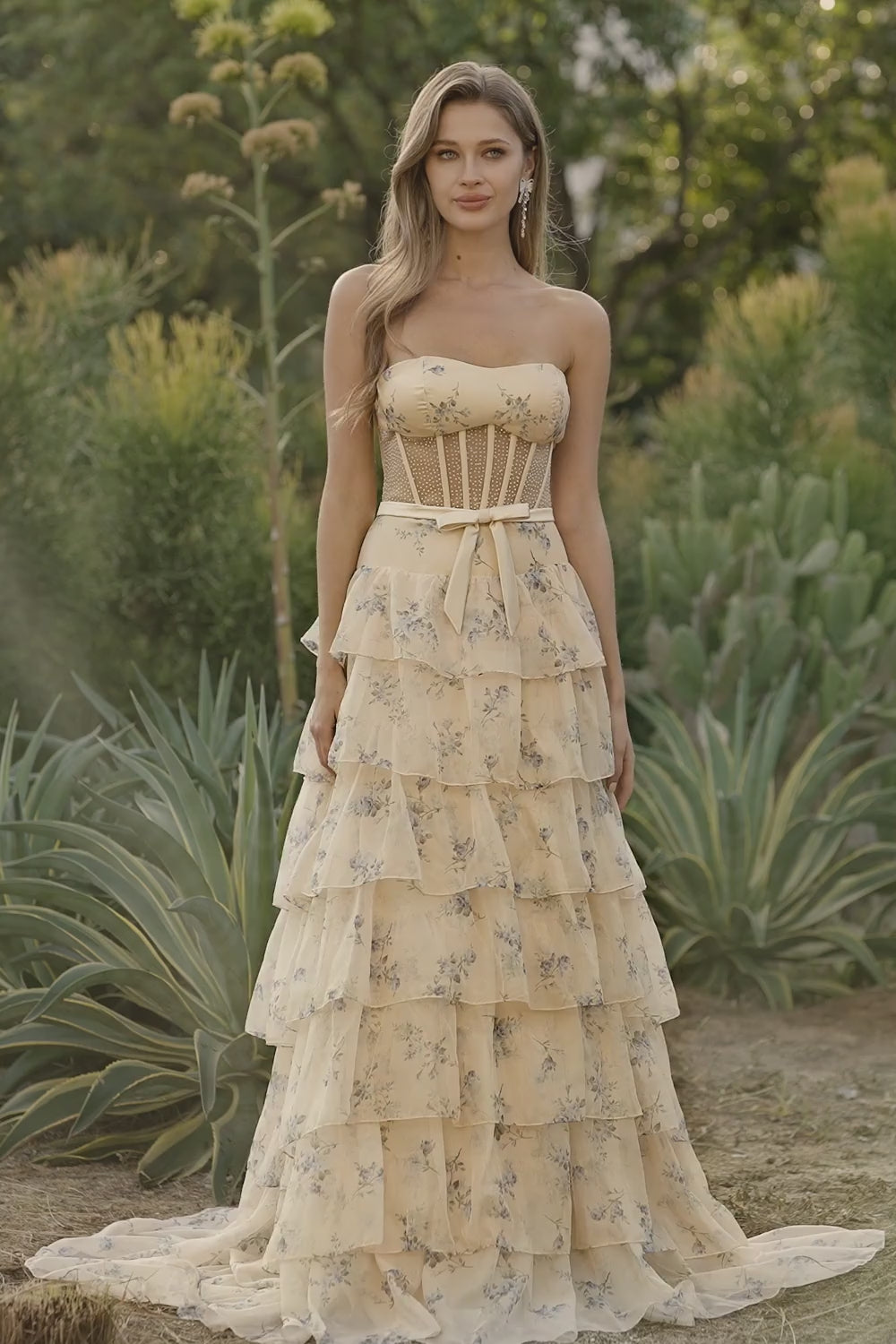 Floral Yellow and Blue Ruffled Sweetheart Long Corset Prom Dress