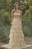 Floral Yellow and Blue Ruffled Sweetheart Long Corset Prom Dress